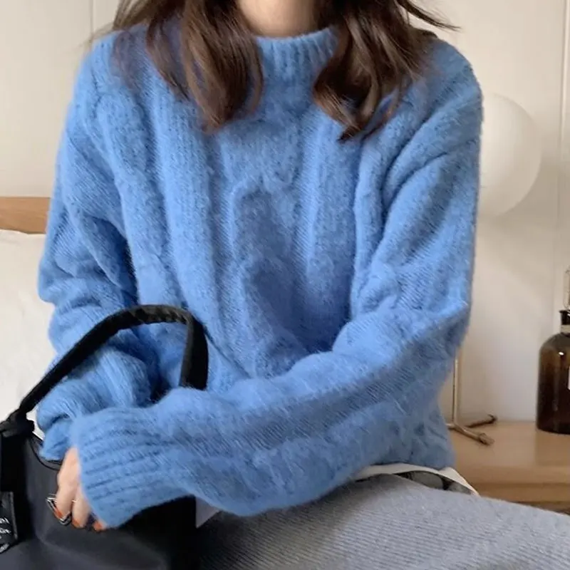 Basic Haze Blue Loose Knitted Pullovers Autumn Winter Casual O-Neck Women's Clothing Korean Vintage Long Sleeve Aura Sweaters