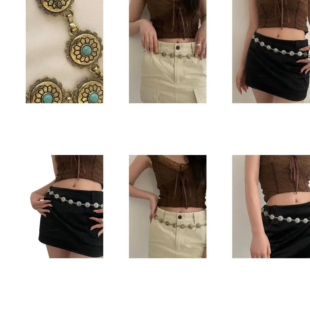 

652F Ethnic Metal Belt for Women Ladies Dress Belt with Carved Turquoise Buckle Female Prom Party Dress Waist Rope