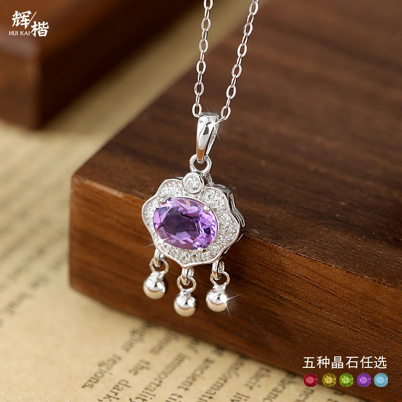 s925 sterling silver peace lock necklace women with natural garnet stone, new style clavicle chain