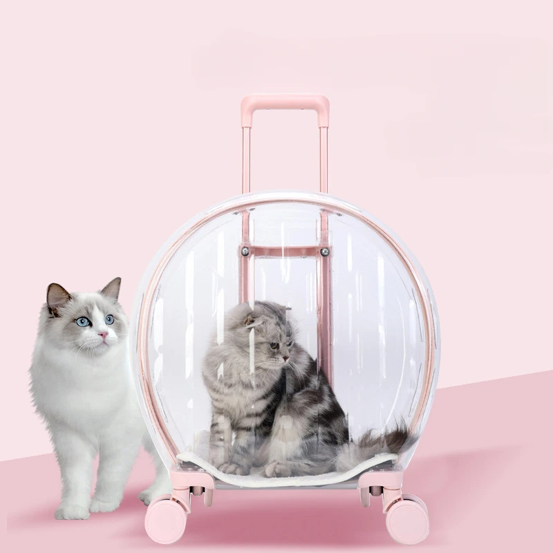 

Pet Cat Dog Stroller Trolley Case Transparent Portable Backpack Large Transport Box Silent Wheel Dog Travel Bag Breathable Box