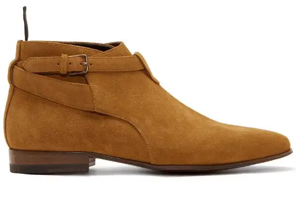 

Hot Men Fashion Brown Black Khaki Cow Suede Pointed Toe Buckle Low Top Flat Ankle Boots Leisure Genuine Leather Dress Shoes Male