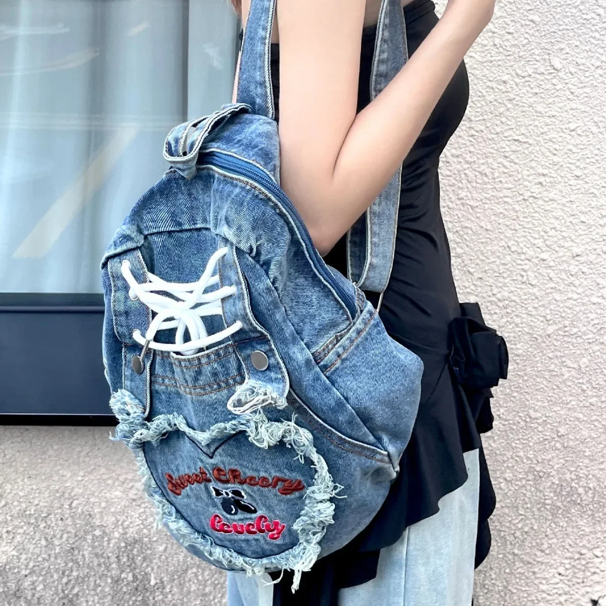 Cute Pink Denim Women Backpacks Large capacity shoulder Bags Girls School bags Embroidered letters daypacks Travel Jean Bagpack
