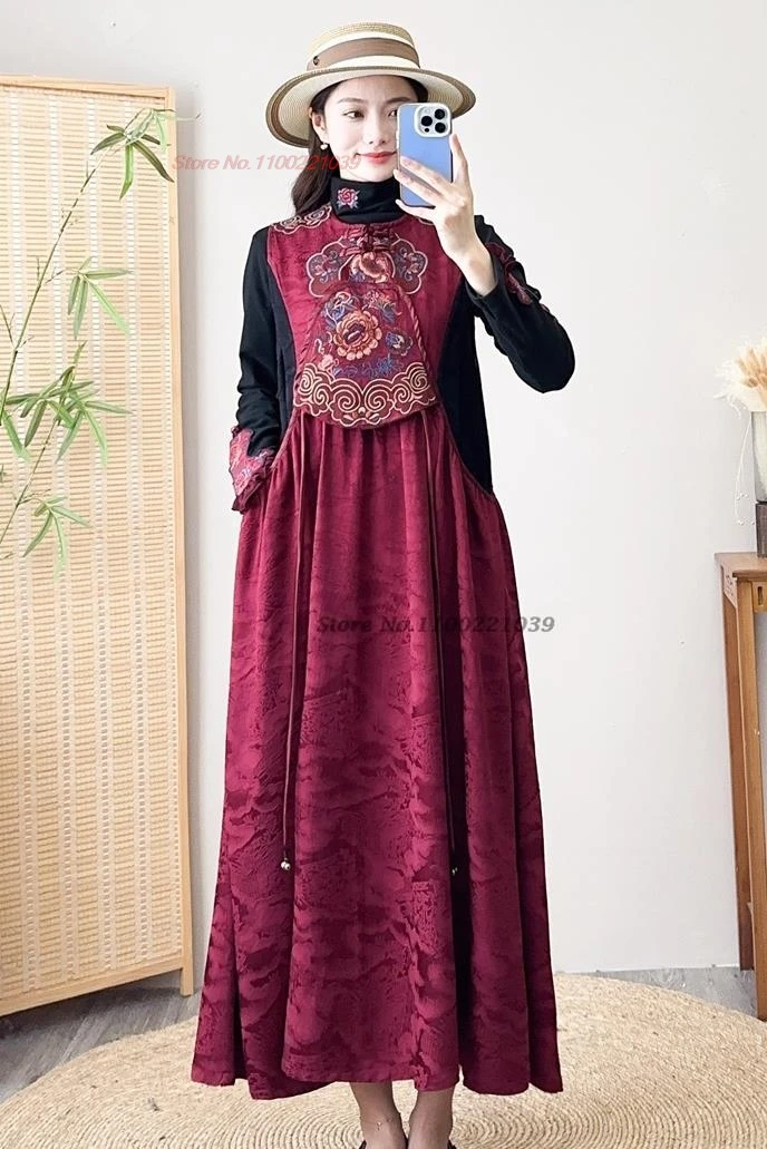 2024 chinese traditional hanfu improved sleeveless dress national flower embroidery sundress vintage jacquard a-line folk dress