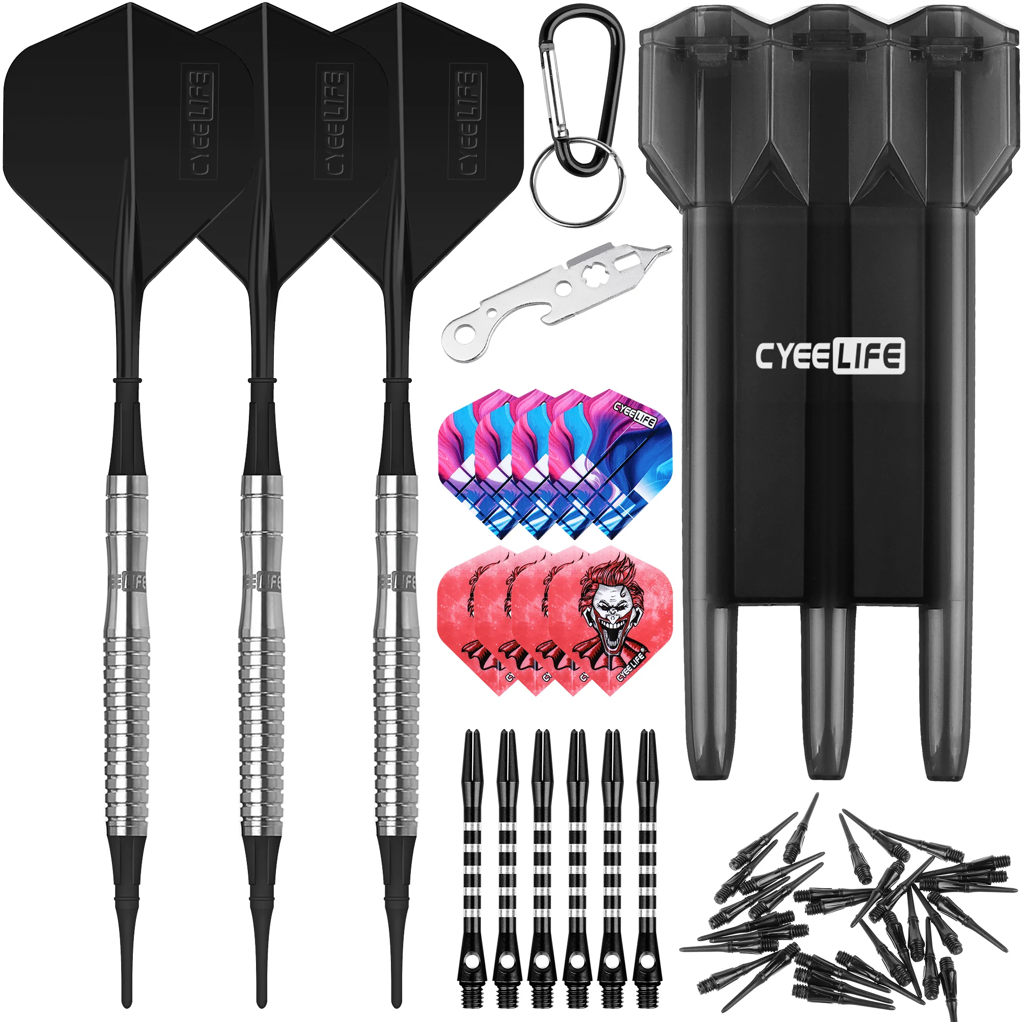 CyeeLife 16/18/20g 90% Tungsten darts soft Tip set with carrying case and Aluminium Shafts+Tool+Extra Flights&30 Points