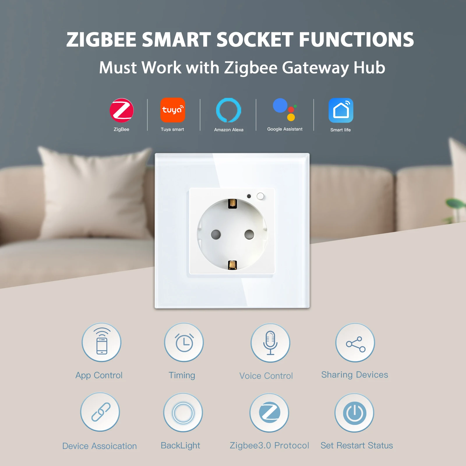 BSEED EU Standard Zigbee Smart Wall Socket Power Socket 220V 16A With On/Off Backlight Work With Tuya Alexa Smart Life