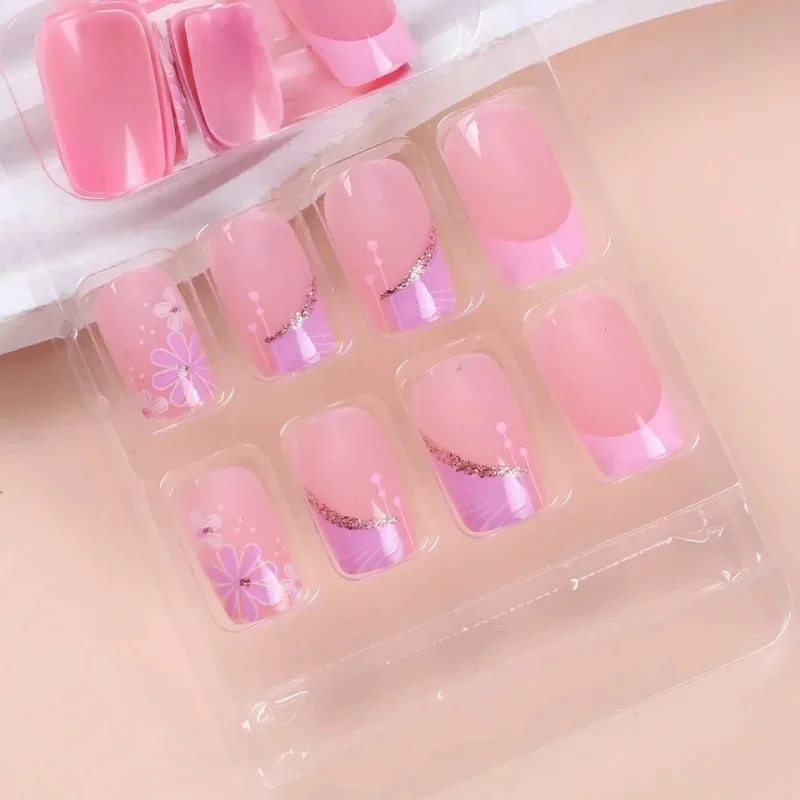 24Pcs/set Square Shaped Glossy Press-On Nails Inspired Pinkish French Tip Design with Delicate Flower Patterns for Women&Girls