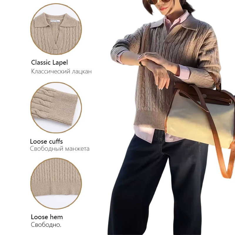 Womens Casual Knit Sweater Eight Strand Knit Long Sleeve Polo Collar Stylish And Versatile Knitwear Everyday Casual Outfit