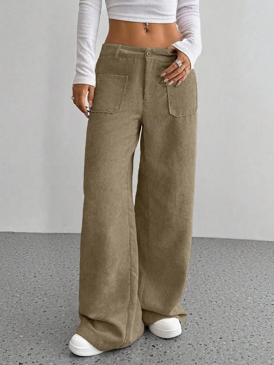 Autumn Winter Women Corduroy Pant Fashion Retro New In Wide Leg Trousers Lady Casual High Waist Solid Pants Street Out Wear