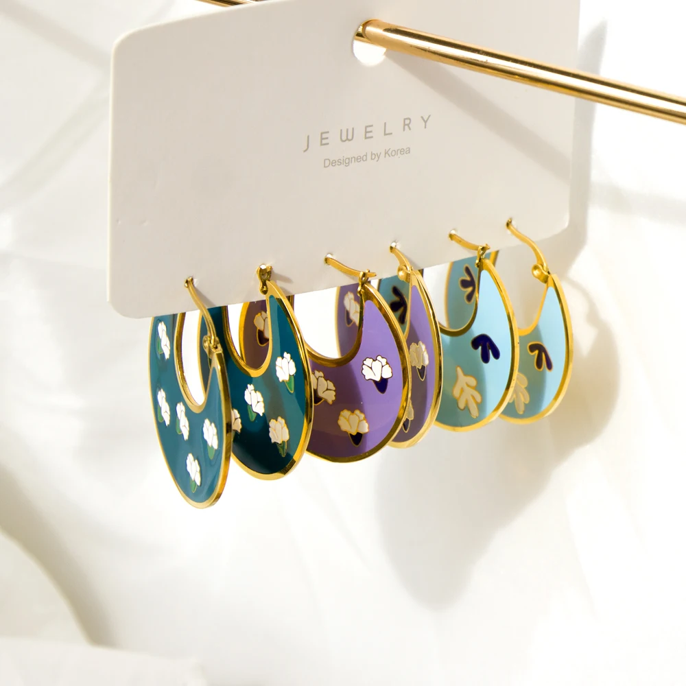 LUXUKISSKIDS Unique Trendy Woman\'s Hoops Earrings Blue Acrylic Green Purple Earrings Hyperbole Jewelry Floral Circles Earrings