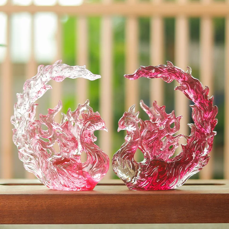 Hundred Birds Adoring the Ancient Glaze Fire Phoenix Home Ornament Wedding Gift Housewarming Blessing Red