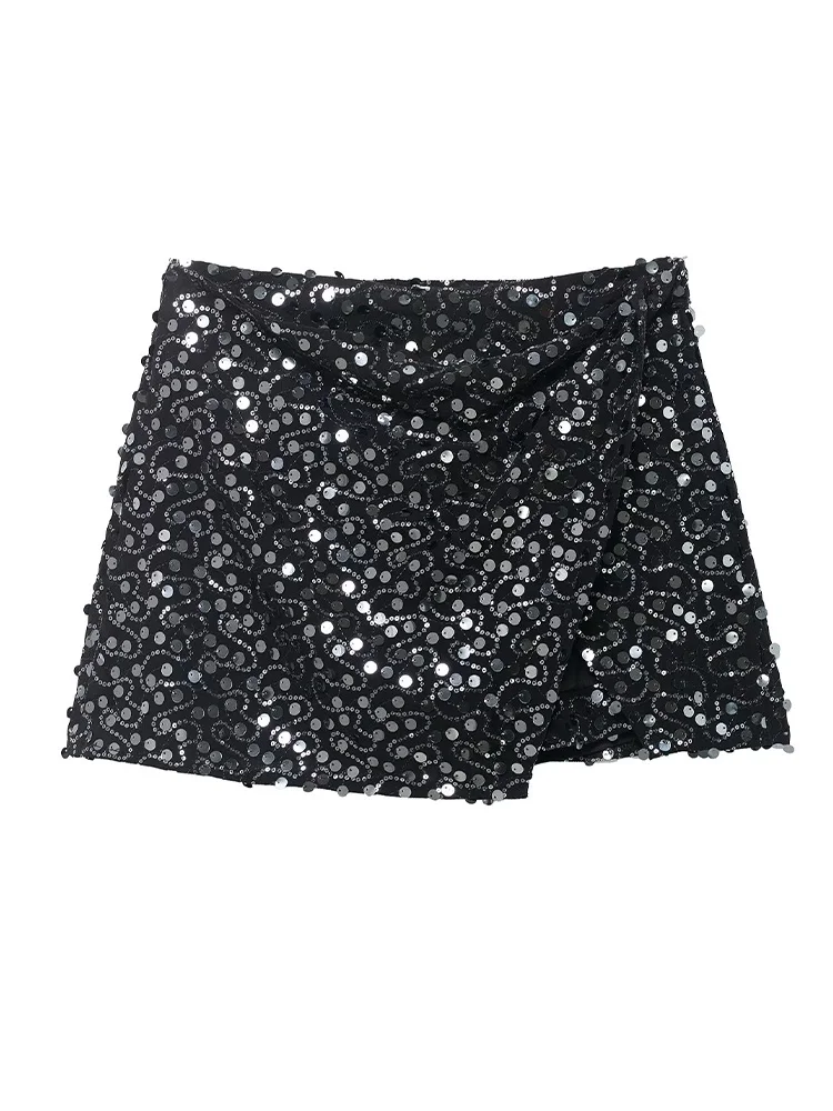 HH mujeres otoño elegante lentejuelas decoración asimétrica Falda corta sólido A-line cremallera lateral forro mujeres Mini faldas delgadas