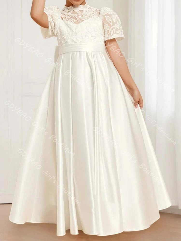 Customized Girls Princess Flower Girl Dress for Wedding 2-14 Kids Ivory Lace Satin First Communion Dress Ankle Length Party Gown