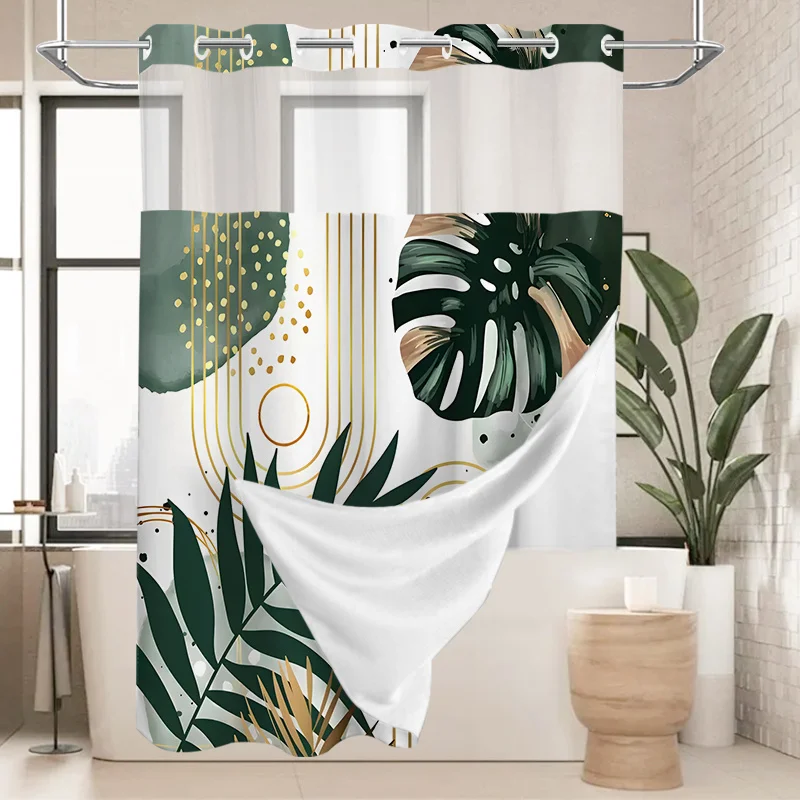 

Занавеска для душа без крючков с быстросохнущей подкладкой, украшенная красивым геометрическим рисунком в виде листьев, удобная в использовании.