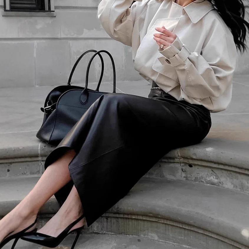

Elegant PU Leather Skirts Women High Waist Vintage Black Skirt Spring Autumn Slit Office Lady Dresses Fashion Women Clothing
