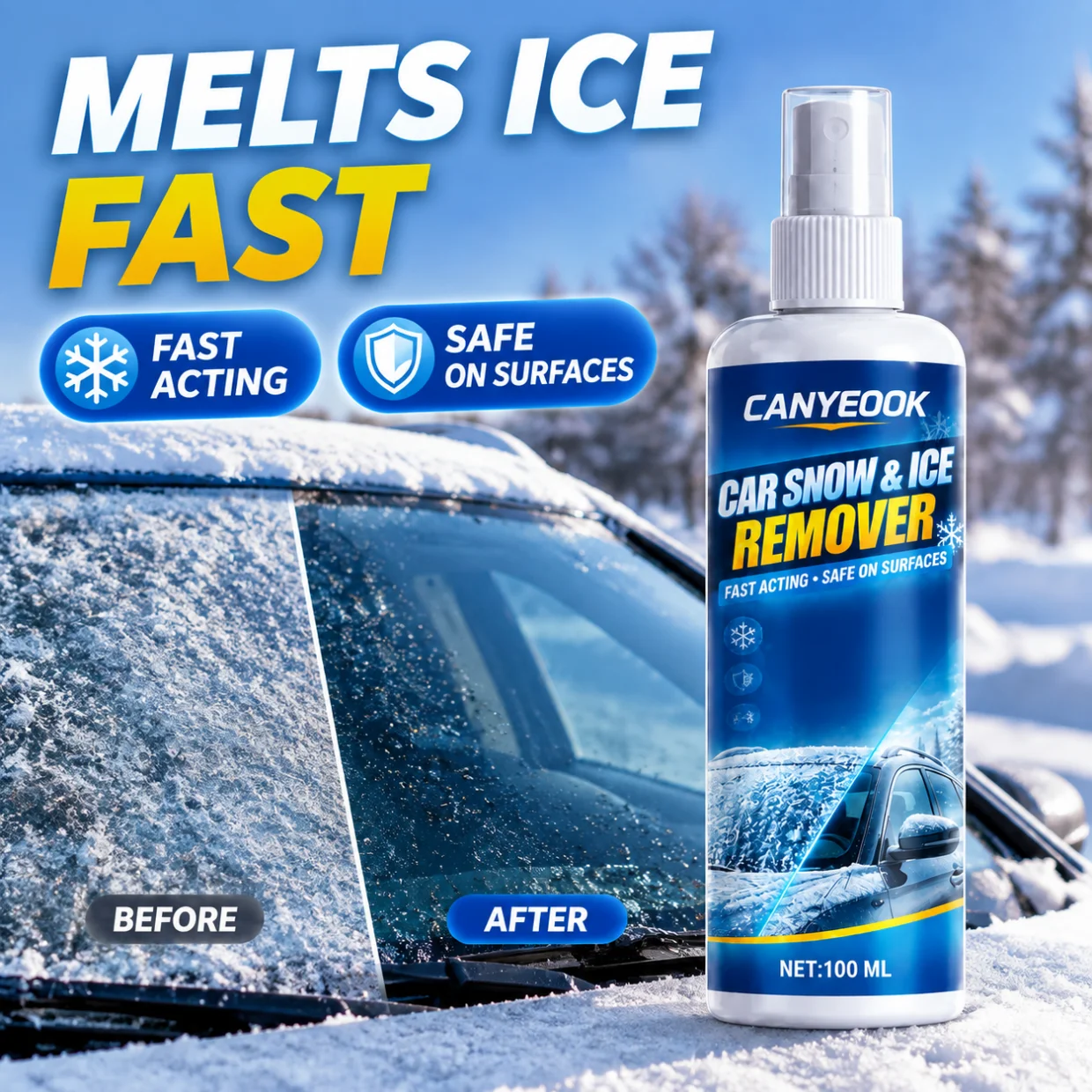 CANYEOOK Car Ice Snow Melter Spray 100ml Fast Deicing Windshield Mirror Lock Antifreeze Safe Winter Auto Care