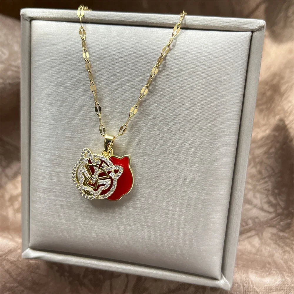 CZ Crystal Two Layers Glaze Tiger Head Pendant Necklace For Women Men Hand made Animal Neckalces Gift Stainless Steel Jewelry