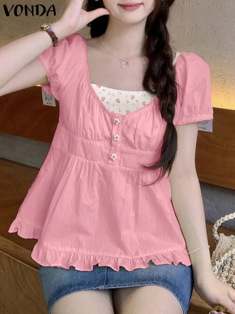 

Vintage Square Collar Summer Tops Tee VONDA Women Blouse OL Work Casual Short Sleeve Ruffles Patchwork Blusas Tunic Streetwear