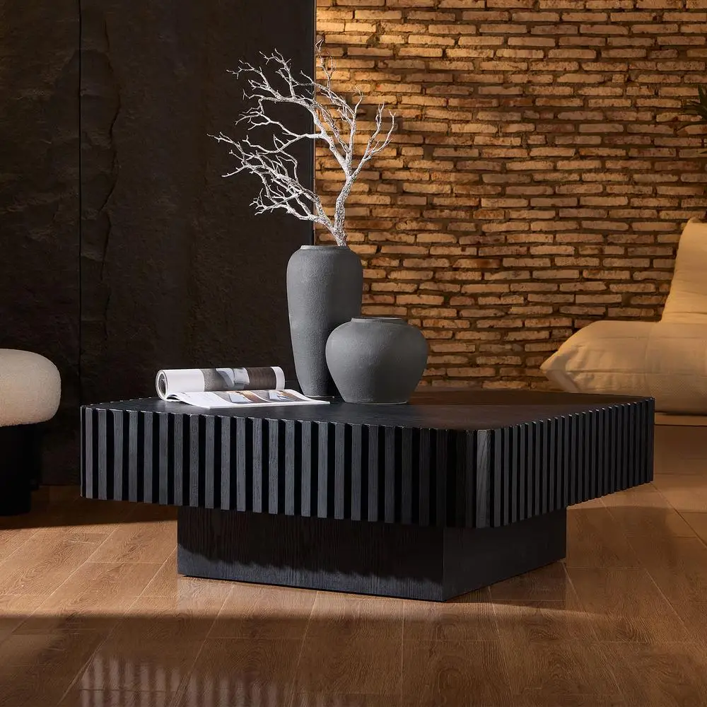 

Modern Handcraft Drum Coffee Table 35.43 Inch Square Wooden Coffee Table with Sturdy MDF Pedestal for Living Room Black