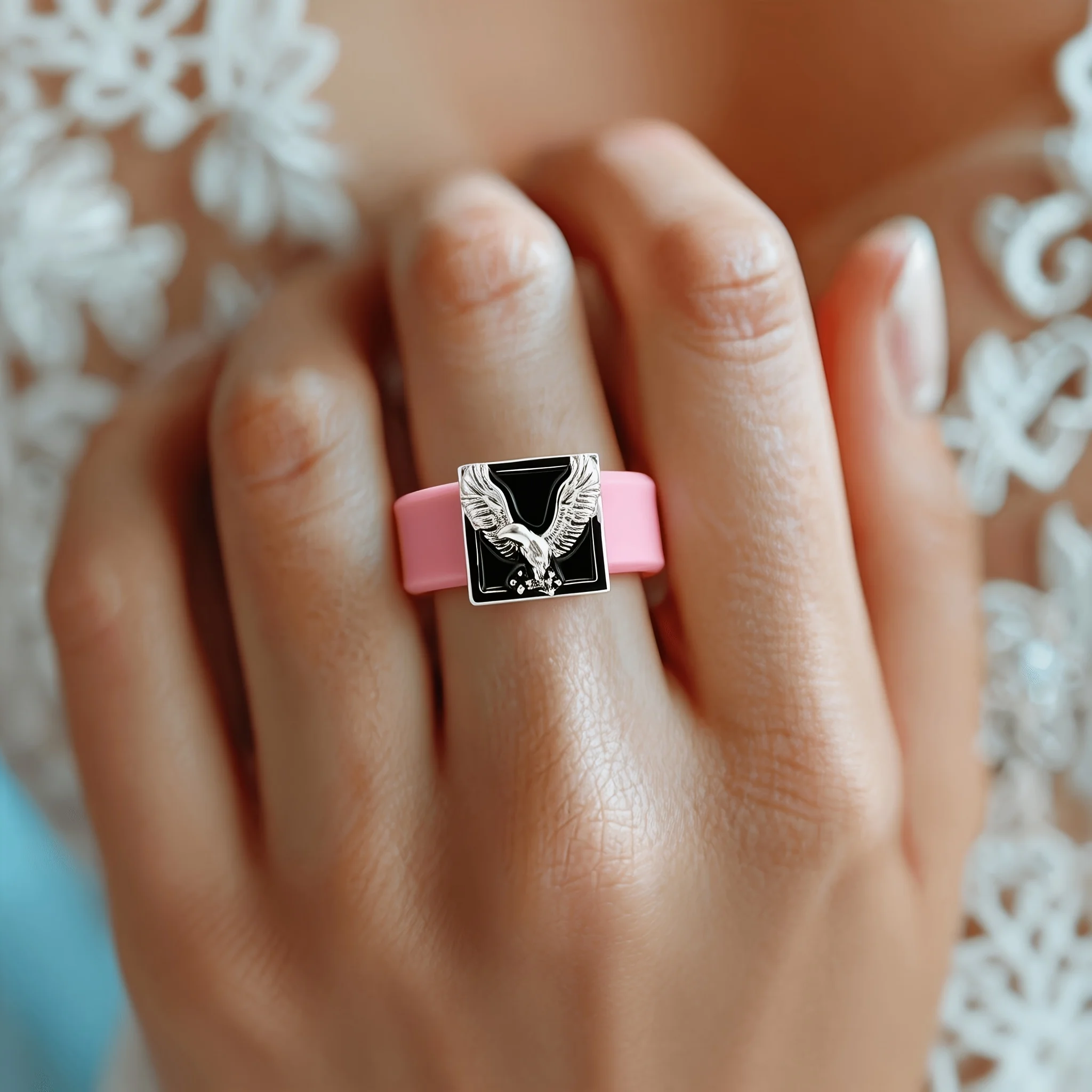 Powerful Eagle Symbol Pink Silicone Ring ，Silvery Square Flying Motivational Jewelry Accessory