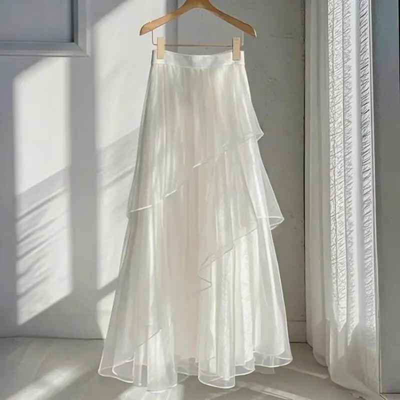 Hot 2026 Spring Summer New Women High Waist Fairy Style Casual A-Line Long Skirt Fashion Versatile Elegant Lace Mesh Half Skirt