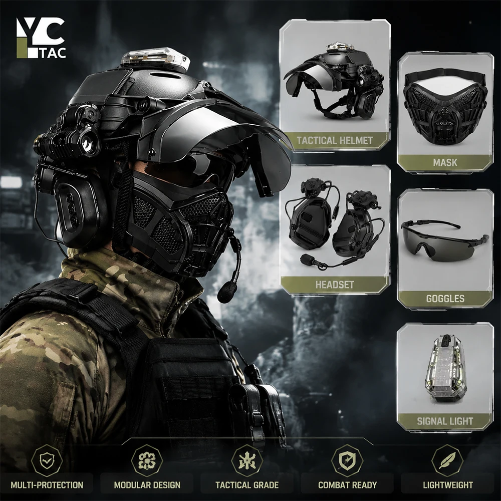YCTAC FAST Tactical Helmet Set Half-Face Gel Mesh Mask Adjustable for Paintball Airsoft Wargame Outdoor Role-playing Games