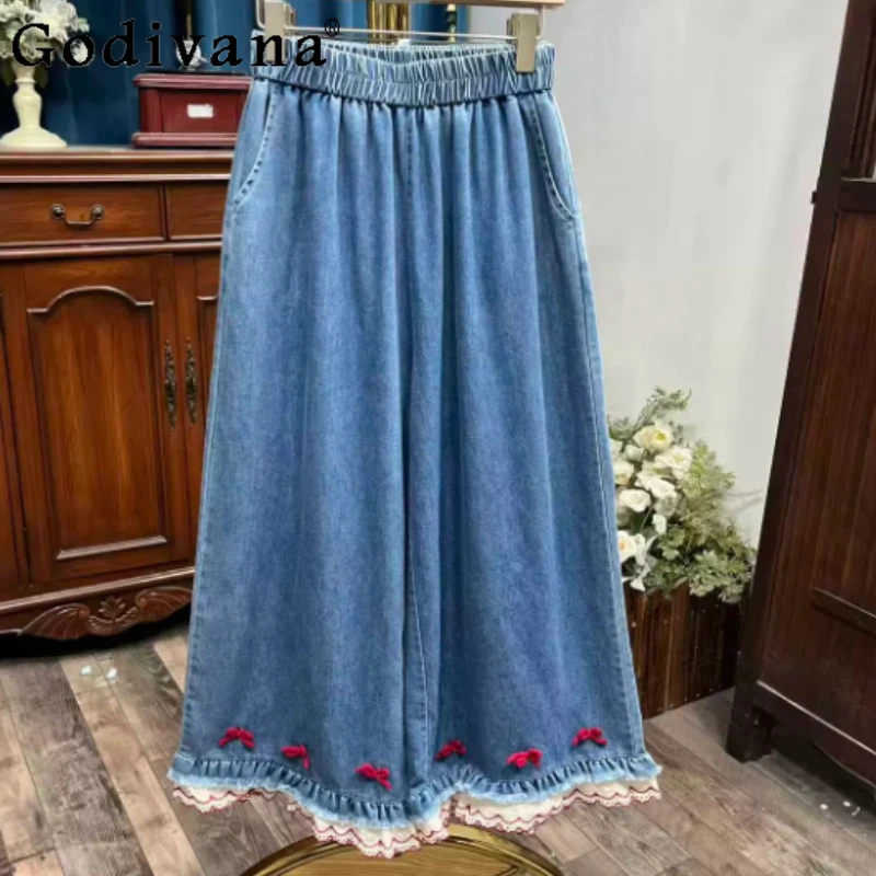 Spring Summer New Women Loose Blue Lace Splicing Denim Wide-leg Pants Fashion Elastic Waist Sweet Bow Cute Japanese Trousers