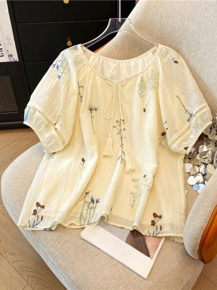 

French Vintage Shirts Tassel O Neck Puff Sleeve Flower Embroidery Tops Hollow Out Blouses Summer Casual Loose New Women Clothing