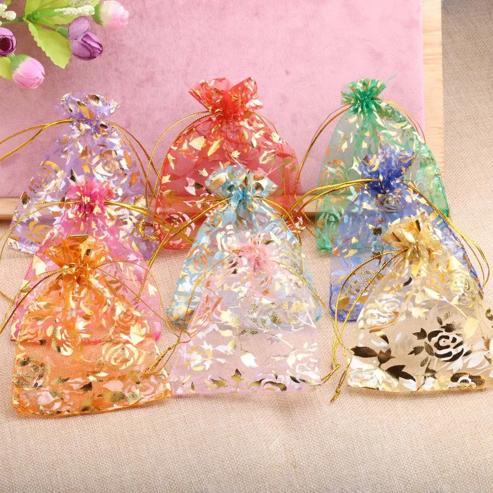 50pcs Small Rose Organza Jewelry Bags 7x9cm Wedding Party Christmas Candy Gold Color Drawstring Packaging Pouches Wholesale