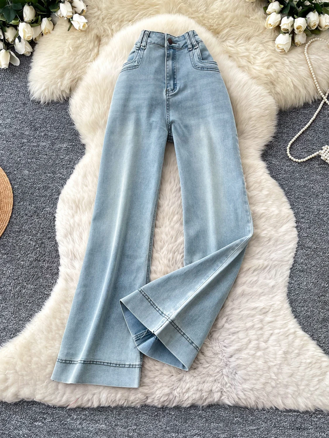 High Waist Loose Fit Women's Jeans Commute Style Four Seasons Light Blue Elastic Wide Leg Pants Ladies Casual Trousers