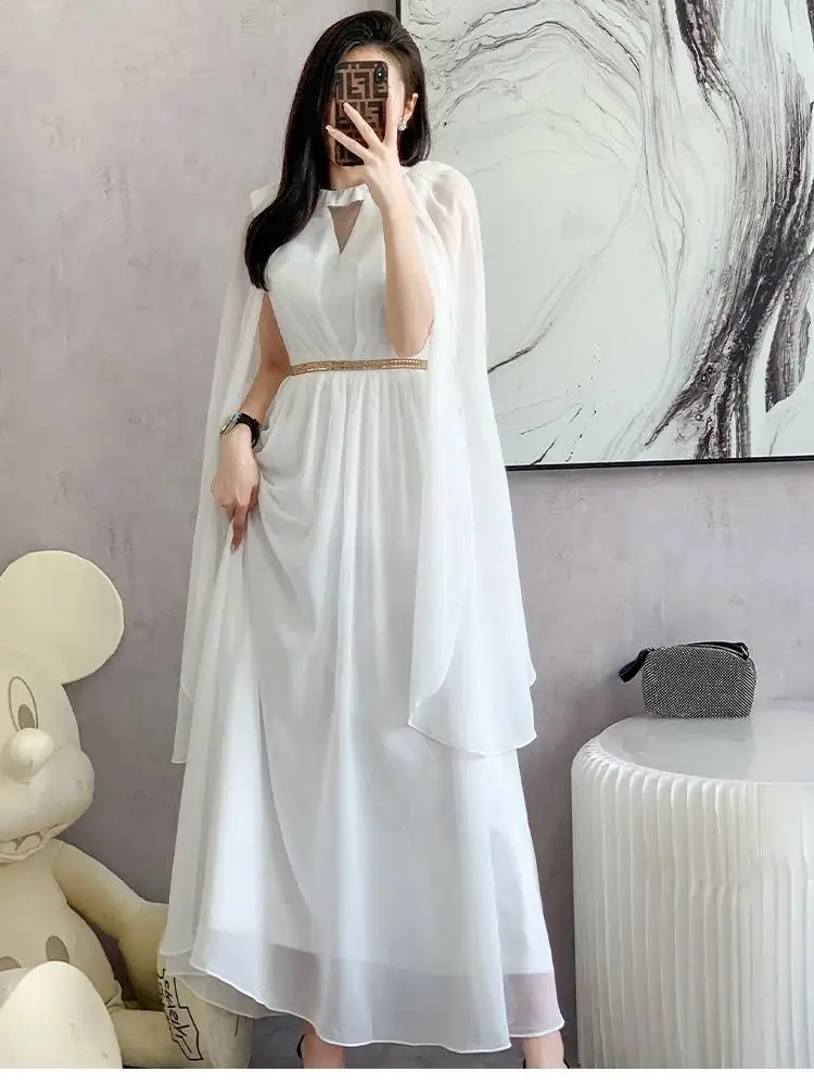 Spring Elegant Cloak Sleeve White Long Dresses For Women Holiday Draped Evening Party Chiffon Beach Robe Clothing Maxi Vestidos