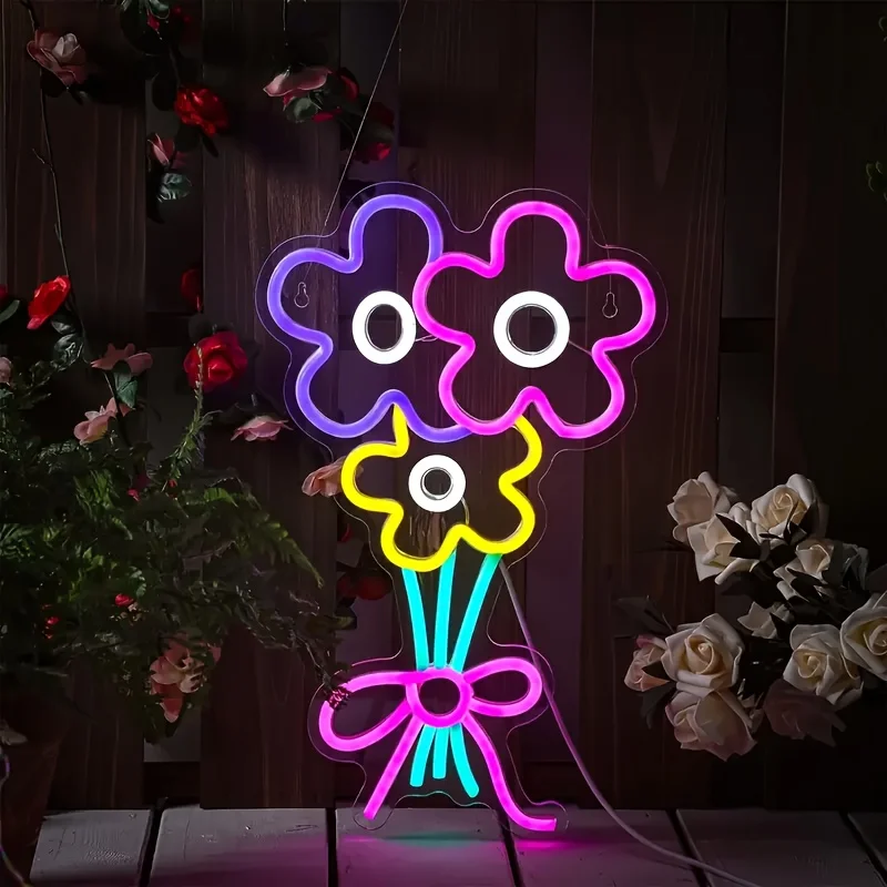Bouquet of Flowers Neon Light Sign USB Dimmable LED Neon Sign Wall Decoration for Bedroom Gameroom Livingroom Party Gifts