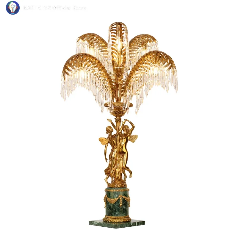 Rococo Light Palm Leaves Brass Lamp Crystal Drop Large Table Lamp Vintage Table Lamps Home Decor