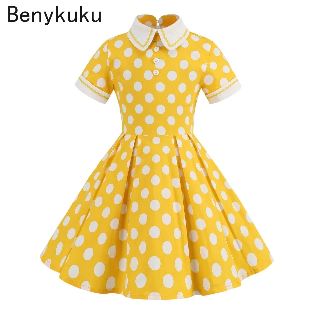 Bonito peter pan colarinho bolinhas impressão vestidos de algodão para meninas botão crianças 50s vintage festa wear crianças vestido plissado 2025