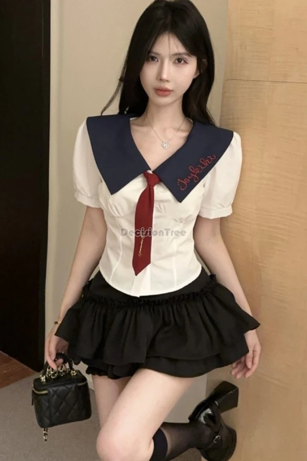 

2025 new improved korea japan style lapel design short-sleeved shirt tie high waist short half skirt school-style jk uniform set