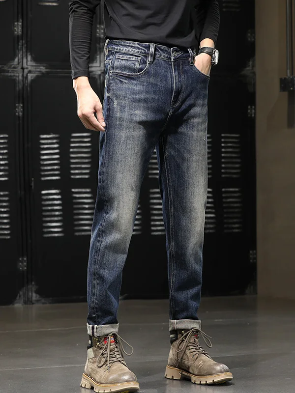 

Slim Fit Straight Leg Jeans Men's Casual High Elastici Long Pants Korean Version Trendy Casual Wear Resistant All Seasons