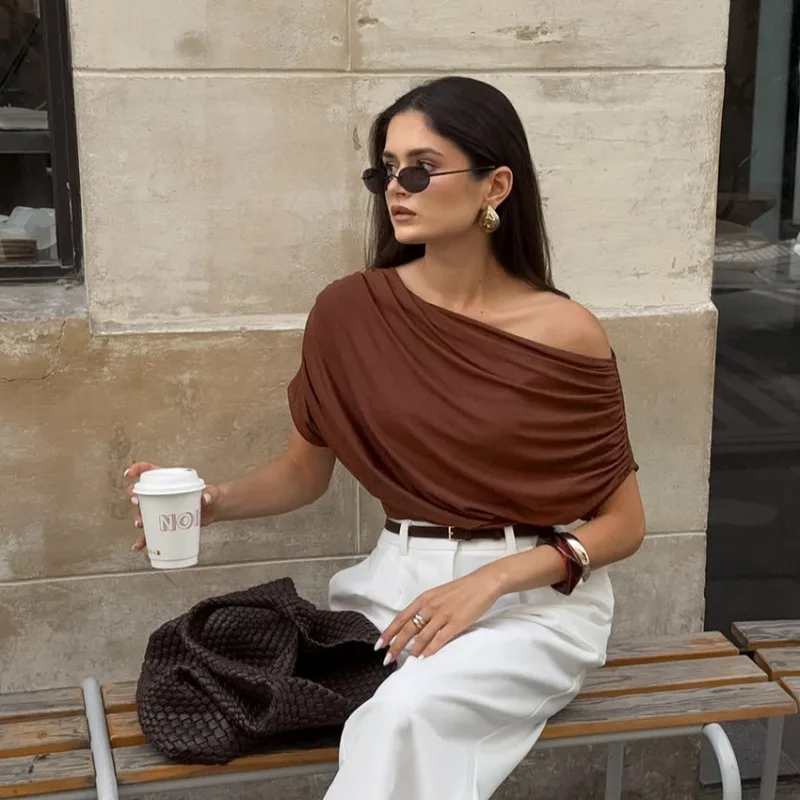 Women 2026 Summer New Hot Sale Niche Irregular One Shoulder Loose Brown Modal Short Sleeve T Shirt Top Trendy Chic Casual Daily