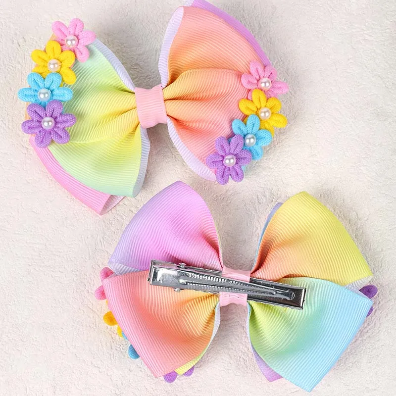 ncmama Rainbow Color Double Layer Bow Hair Clips Cute Flower Pearl Hairpin Baby Ribbon Barrettes Girls Hair Accessories Headwear