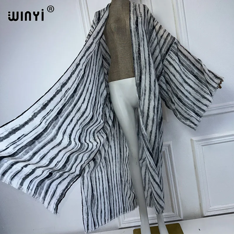 WINYI-Cardigã estampado preto e branco bronzeador feminino, quimono de verão, kaftan feminino, abaya, Dubai, luxo para cobrir a praia, vestido boho