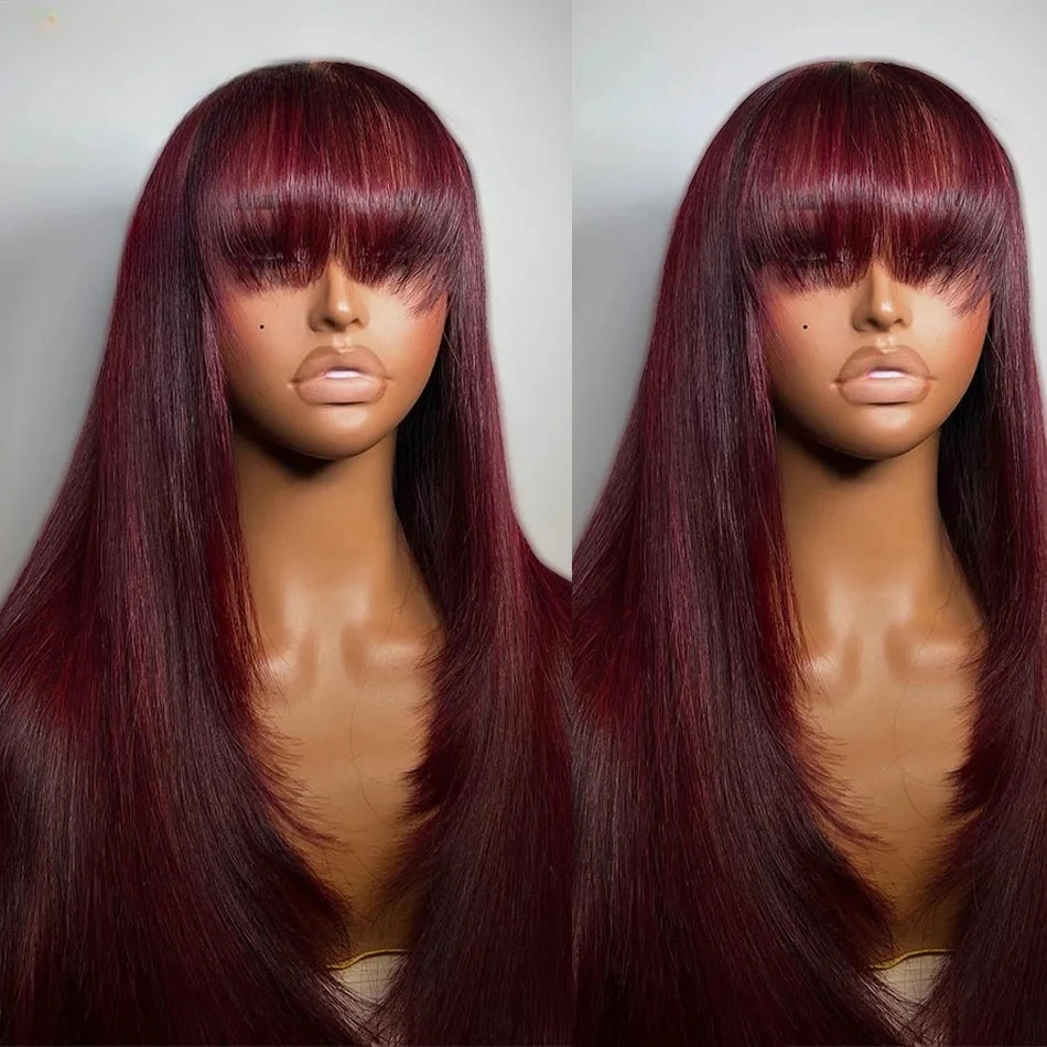 99J بورجوندي الأحمر الطبقات الدانتيل شعر مستعار أمامي مع الانفجارات العظام مستقيم الاصطناعية الدانتيل الباروكات الأمامية 13x4 HD غلويليس قبل قطعها تأثيري #1