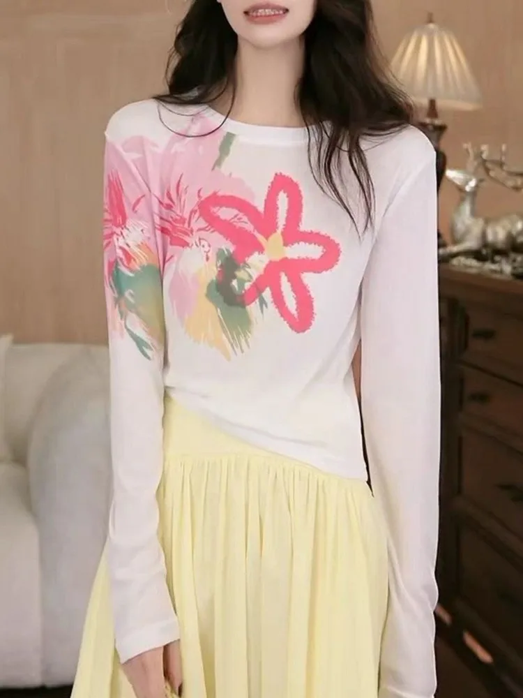 Y2k Top Women Long-Sleeve Floral Graffiti Print Ice-Silk T-Shirt Summer Trendy Versatile Lightweight UV-Protective Cover-Up Top