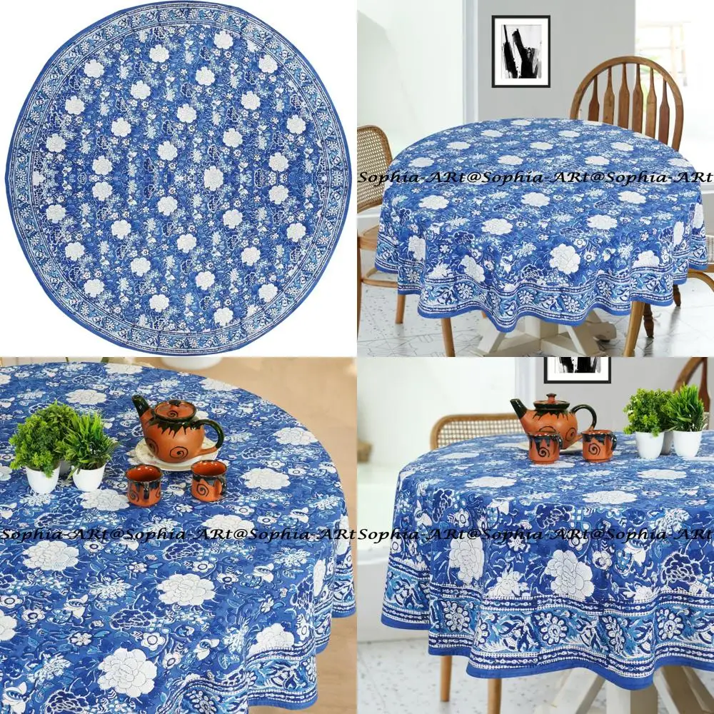

6 Seater Cotton Block Printed Outdoor Tablecloth, Washable for Patio, Camping, Holiday Parties, Suitable for Indoor Kitchen Use