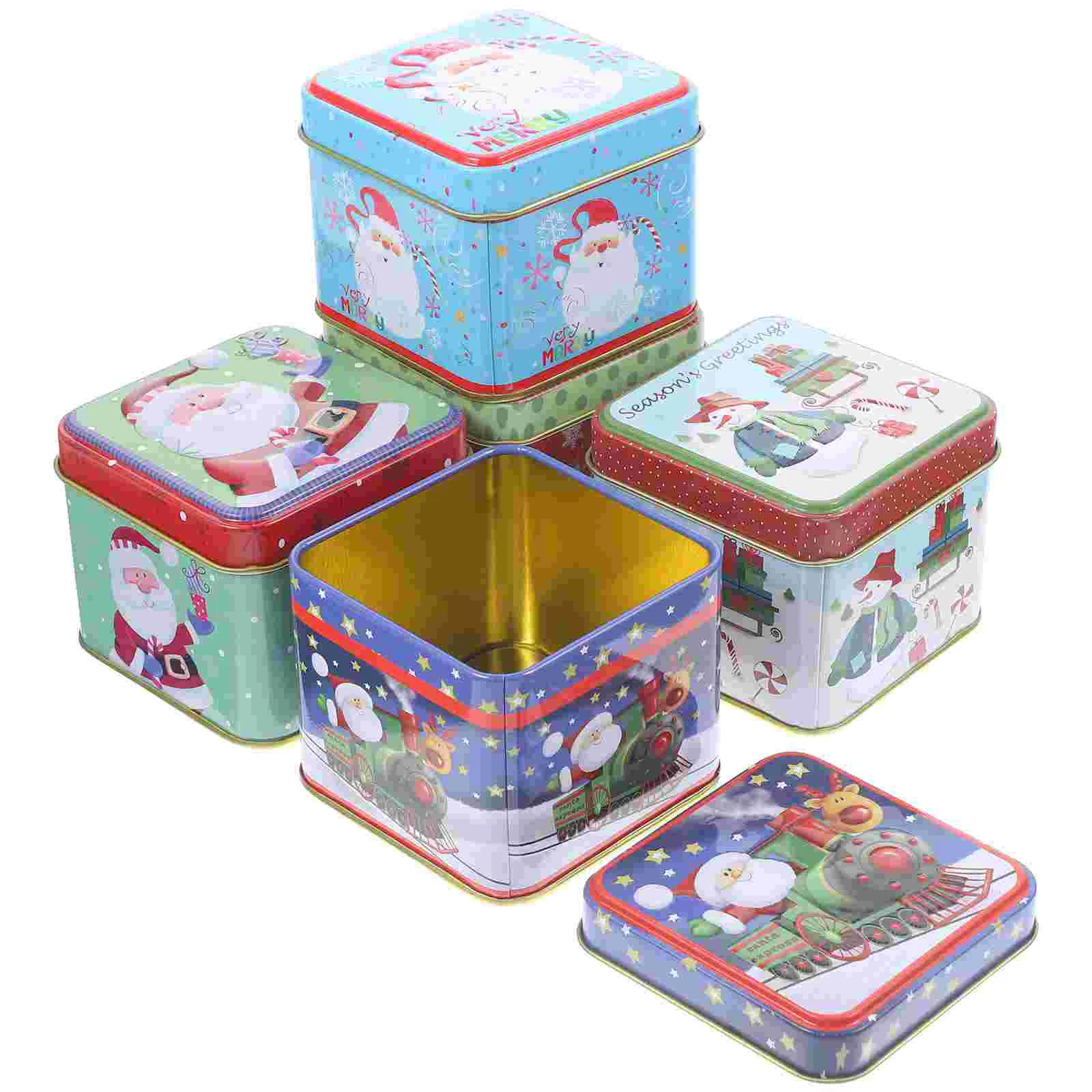 

5 Pcs Blue Santa Candy Box Tinplate Boxes Metal Jar Gift Biscuit Christmas Square Homemade Cookies