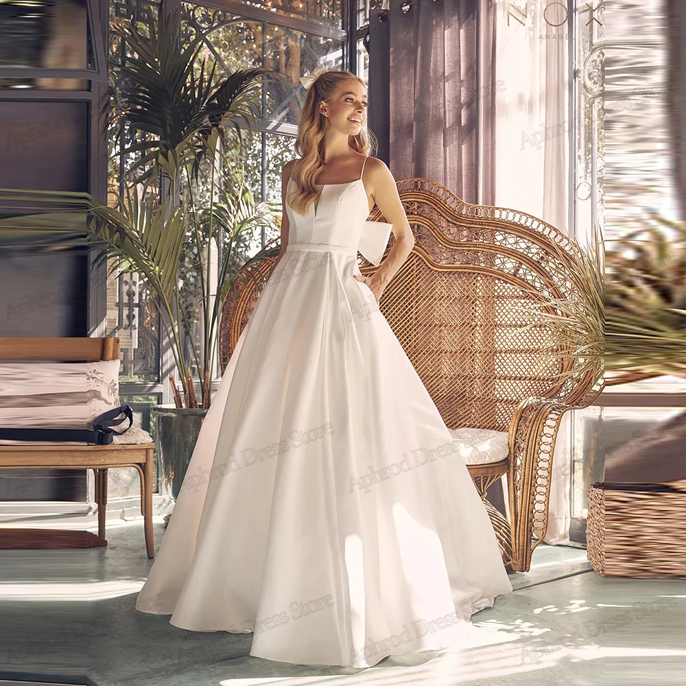

Graceful Wedding Dresses A Line Satin Bridal Gowns Spaghetti Straps Robes For Formal Party Simple Vestidos De Novia Customized