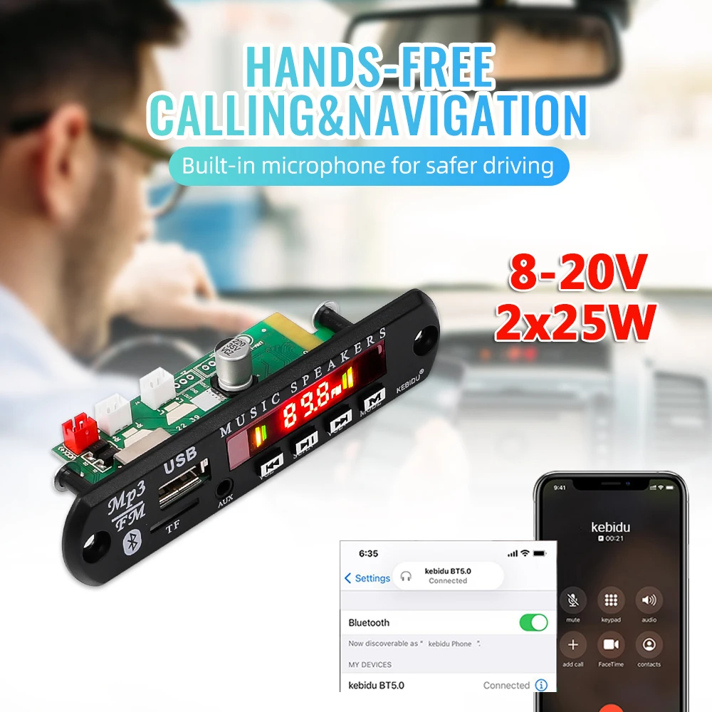 

Автомобильный радиомодуль 12 В 2x25 Вт стерео Bluetooth 5,0 MP3 декодер плата 8-20 в 50 Вт усилитель Громкая связь Поддержка FM TF USB AUX рекордер