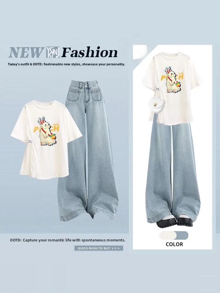 

Korean Cartoon Rabbit Print Short Sleeve T-Shirt Wide Leg Jeans Two Piece Set Summer Loose Simple Commuting Outfit Women's Fa...