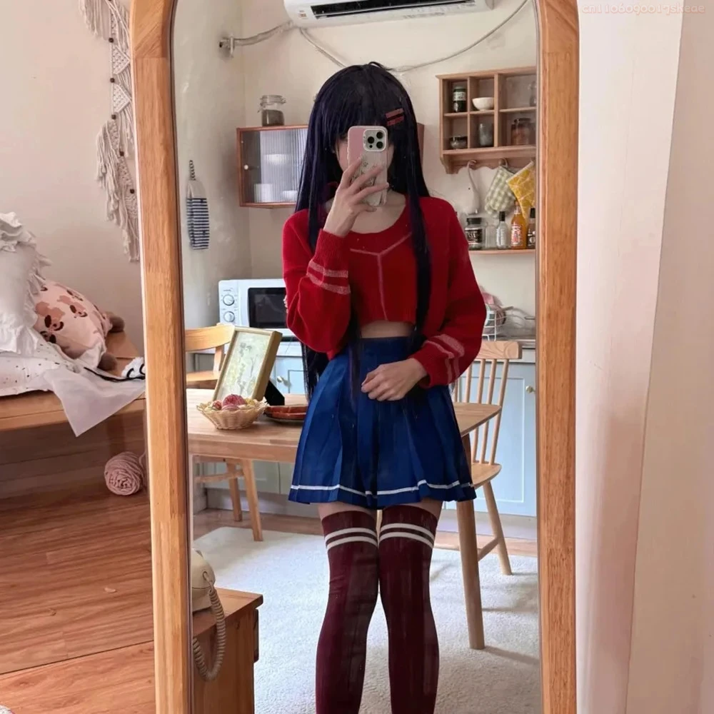Game MiSide Mita Cosplay Costume Women Red Sweater Blue Skirt Set Uniform Halloween Carnival Clothes