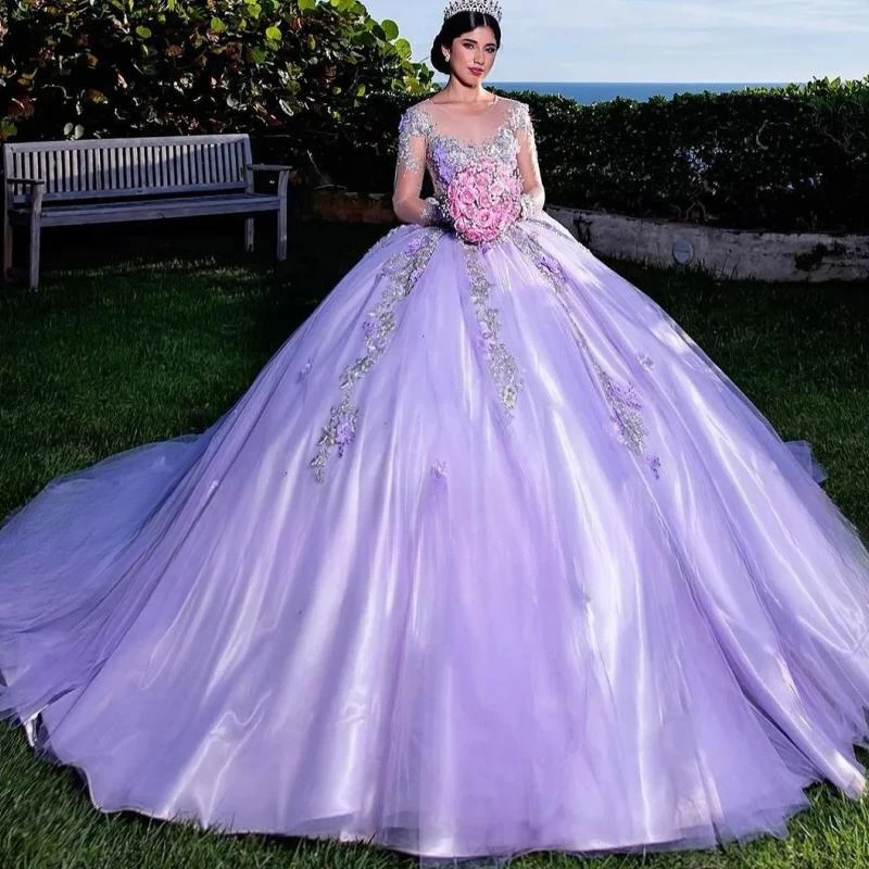 

Роскошные фиолетовые бальные платья Quinceanera, бальные платья с аппликацией и бусинами, платье с длинным рукавом для дня рождения и выпускного вечера, платья 15, изготовленные на заказ