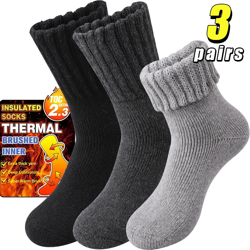 3Pairs Thicken Wool Socks for Women Winter Thermal Outdoor Activities Socks Mid-calf Cozy Durable Fleece Terry Loop Socks Plain