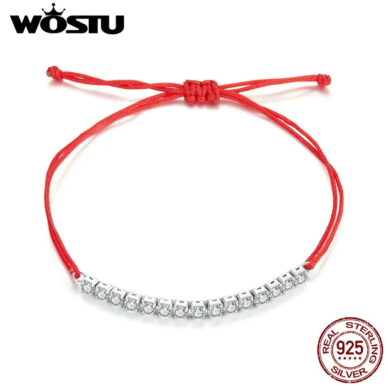 WOSTU 925 Sterling Silver Adjustable Red Rope Woven Bracelet Zircon Line Bright Wrist Chain Original New Year Guard Jewelry Gift