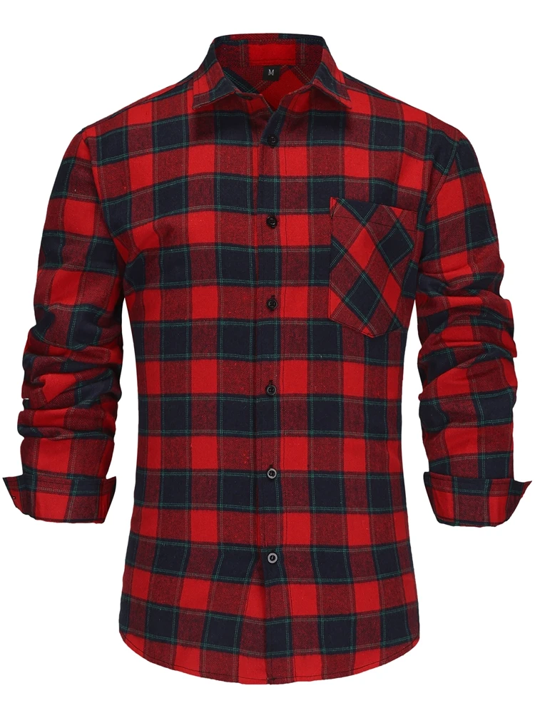 

Spring and Autumn Fashion 100% Cotton Long Sleeve Men's Shirt New Brushed Red Plaid Business Leisure Fit Flannel No Iron